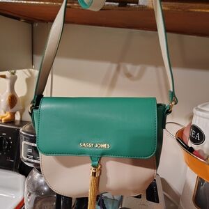 Sassy Jones Green and Cream Crossbody with Gold Tassel